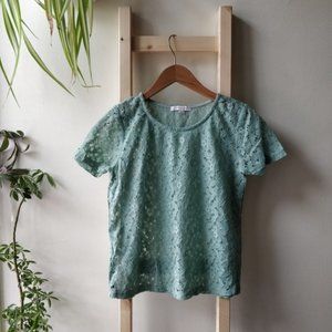 Lace Green Short Sleeve T-Shirt Blouse from Modcloth s/M